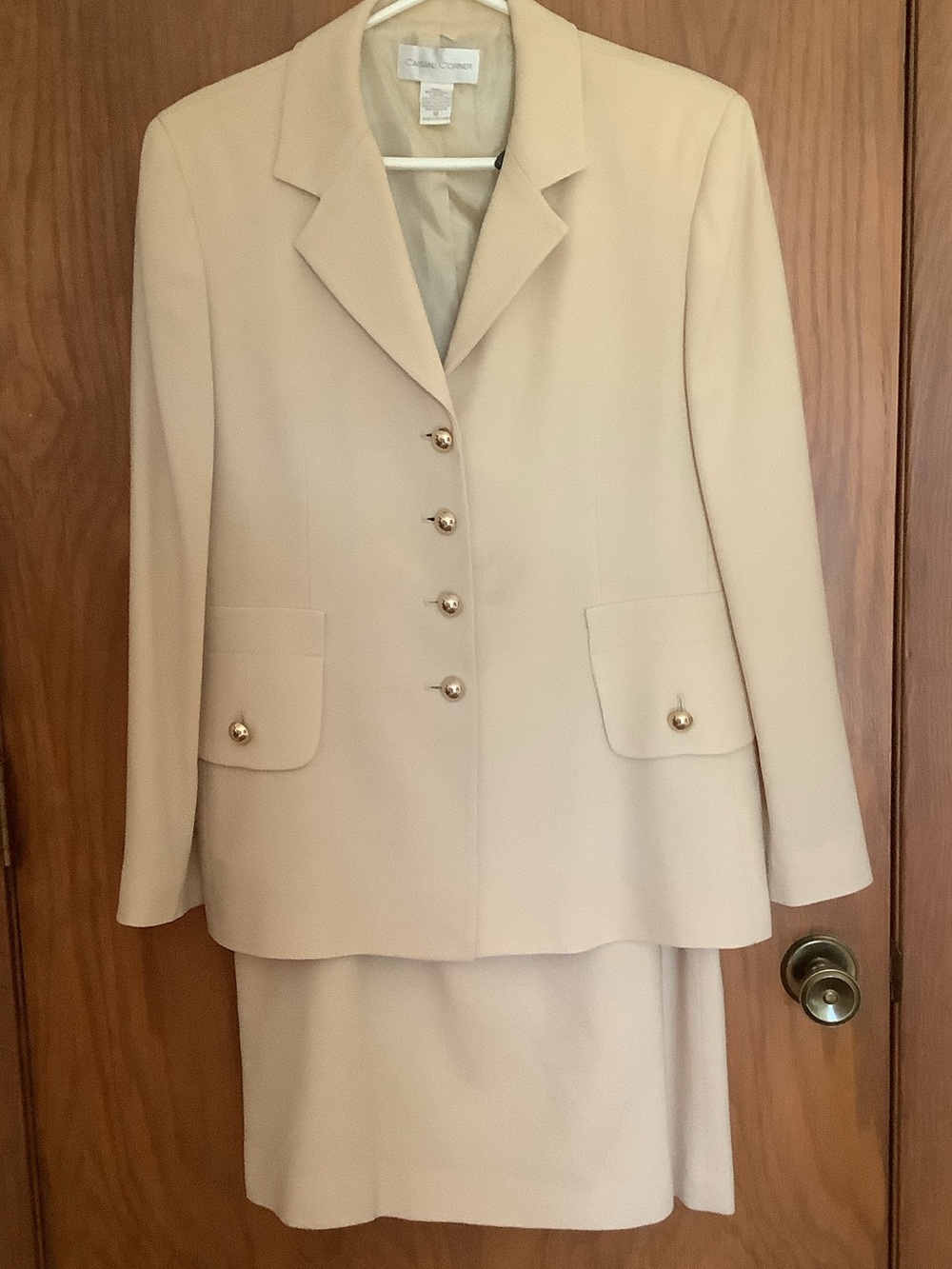 Casual Corner Cream wool Blazer with Gold Buttons and matching wool skirt